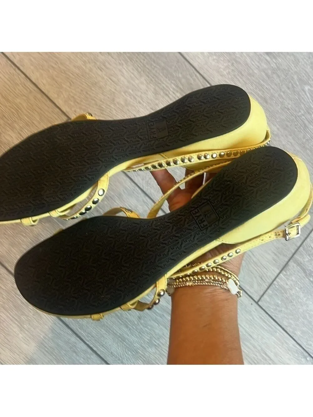 Frye Margot yellow studded leather cross strap sandals size 9